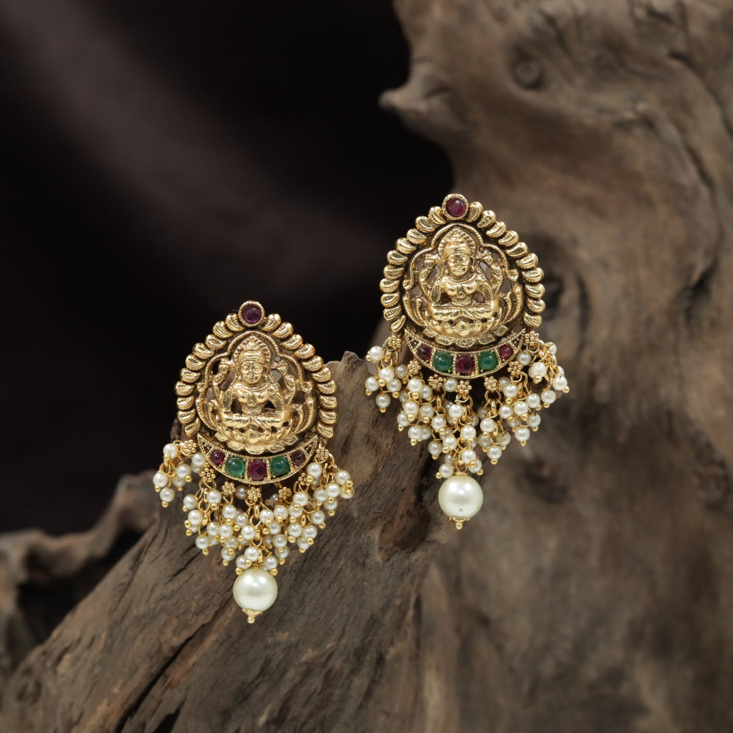 Lakshmi Antique Stud with Pearl Cluster Fringe and Drop Pearl Accent