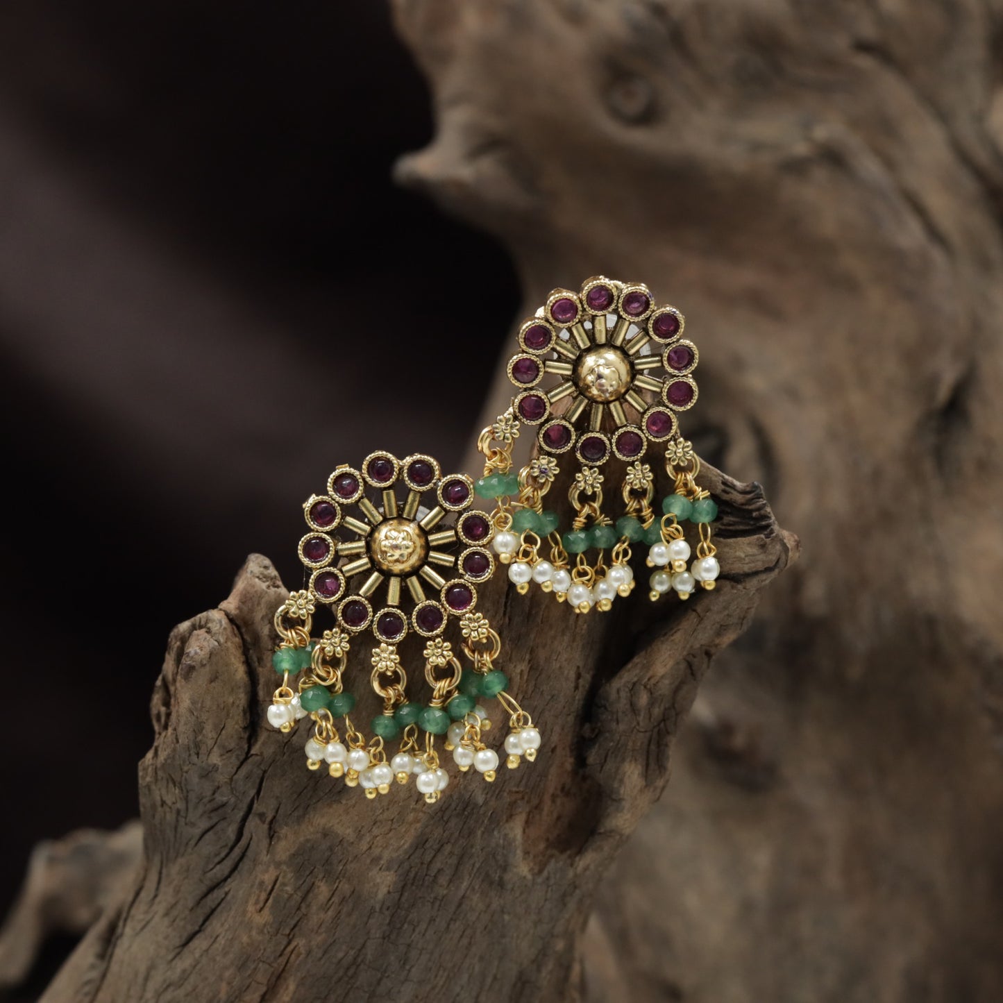 Sunburst Antique Stud with Floral Halo and Pearl Drop Fringe