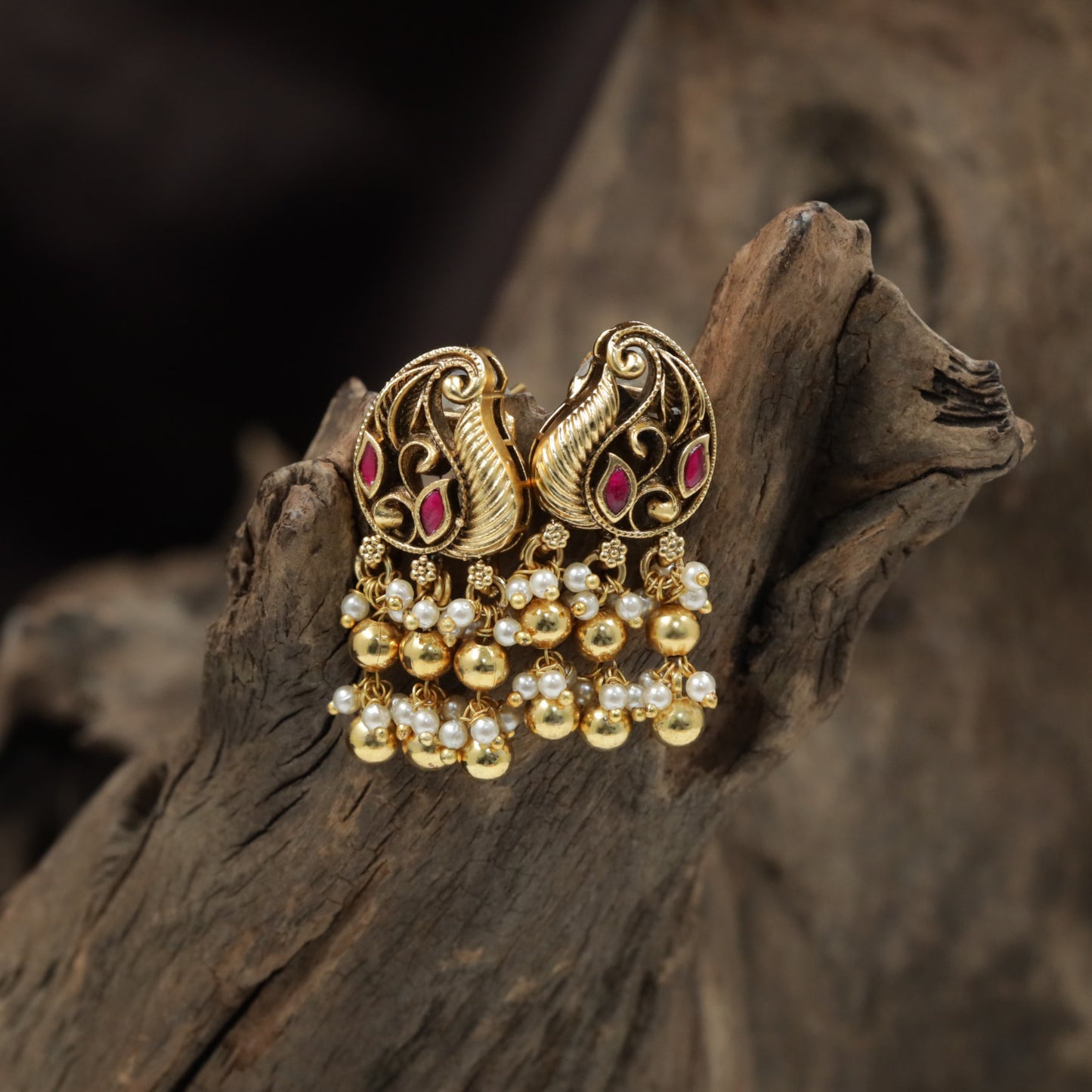 Swan-Inspired Antique Stud with Ornate Scrollwork and Pearl Clusters