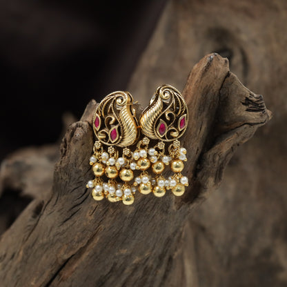 Swan-Inspired Antique Stud with Ornate Scrollwork and Pearl Clusters