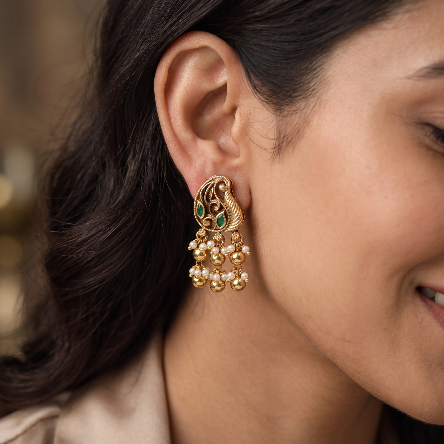 Swan-Inspired Antique Stud with Ornate Scrollwork and Pearl Clusters