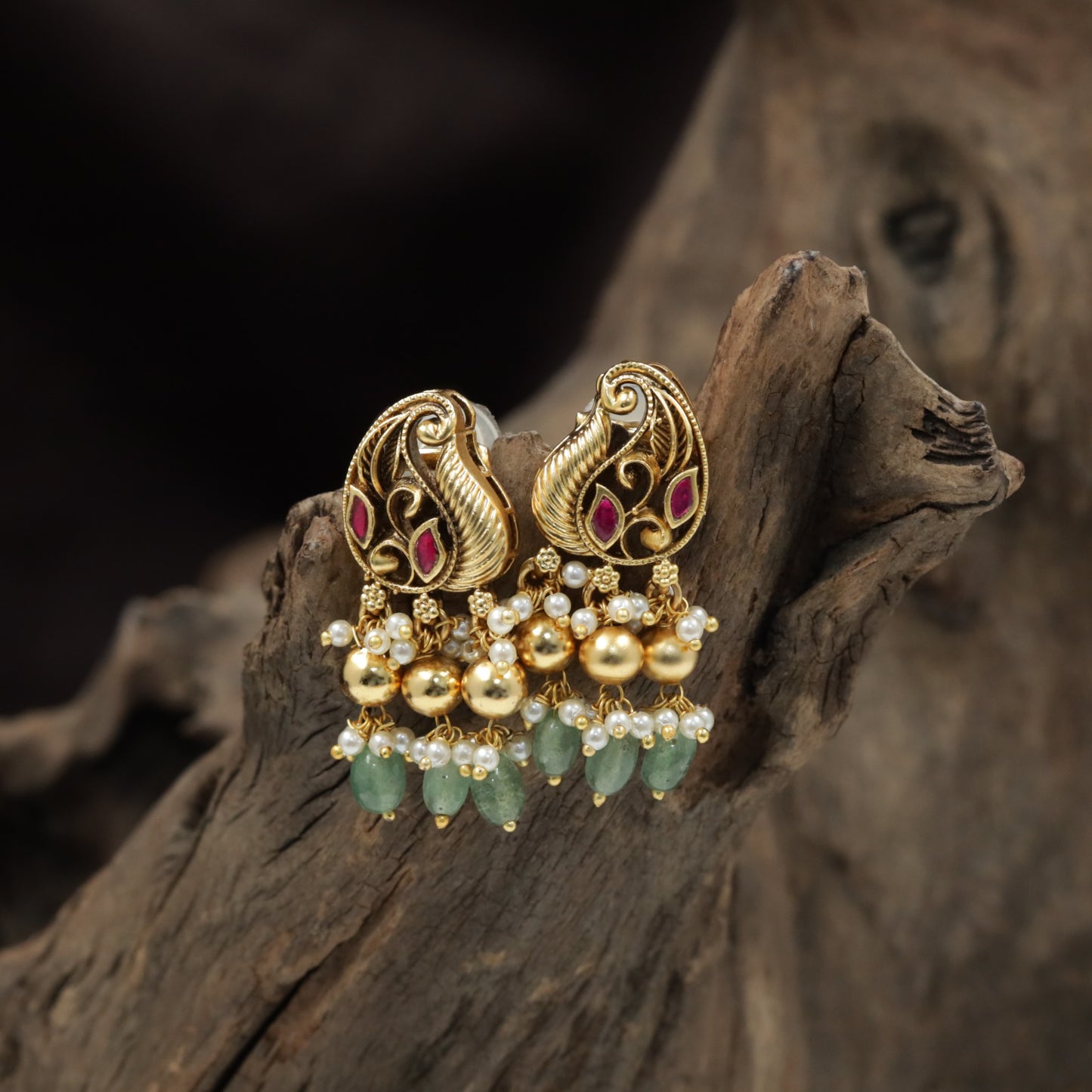 Swan-Inspired Antique Stud with Ornate Scrollwork and Pearl Clusters