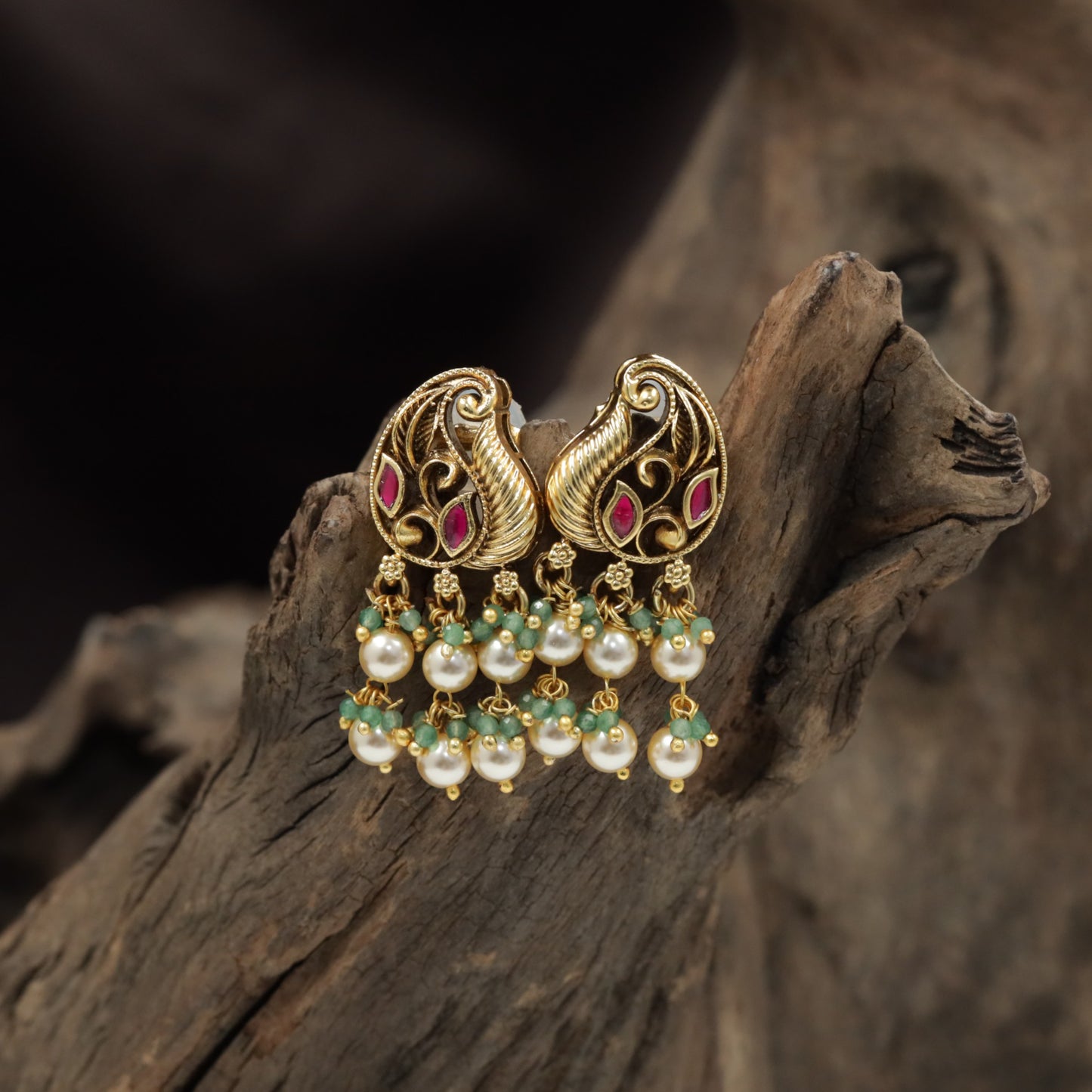 Swan-Inspired Antique Stud with Ornate Scrollwork and Pearl Clusters