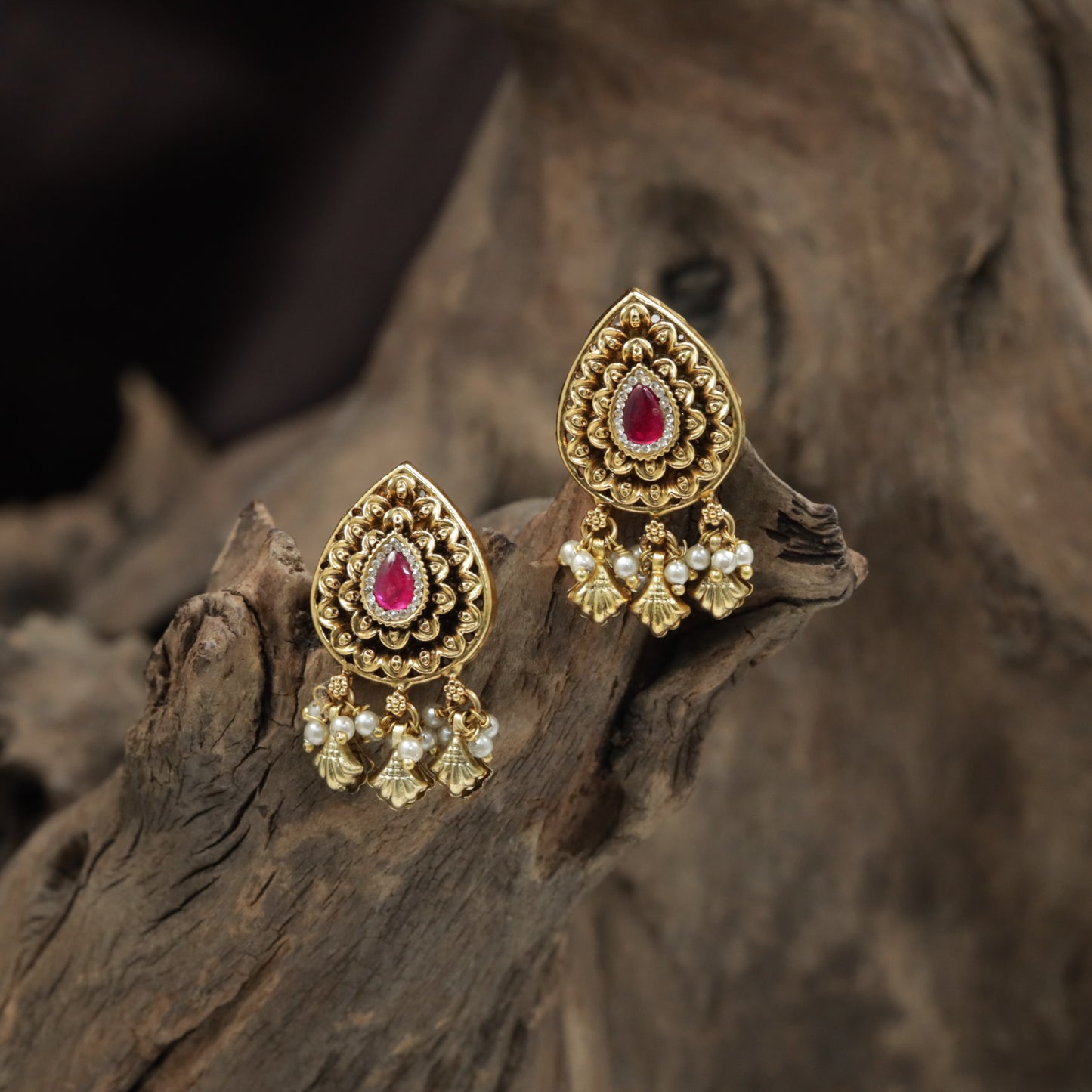 Teardrop Antique Stud with Layered Floral Design and Hanging Shell Charms