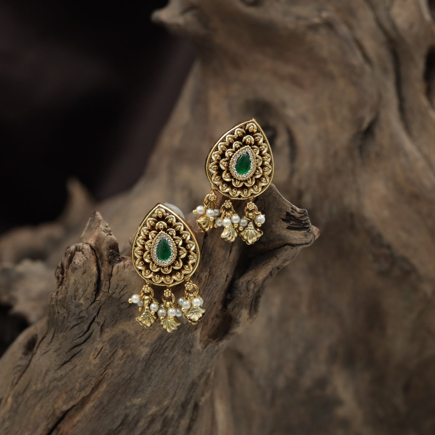 Teardrop Antique Stud with Layered Floral Design and Hanging Shell Charms