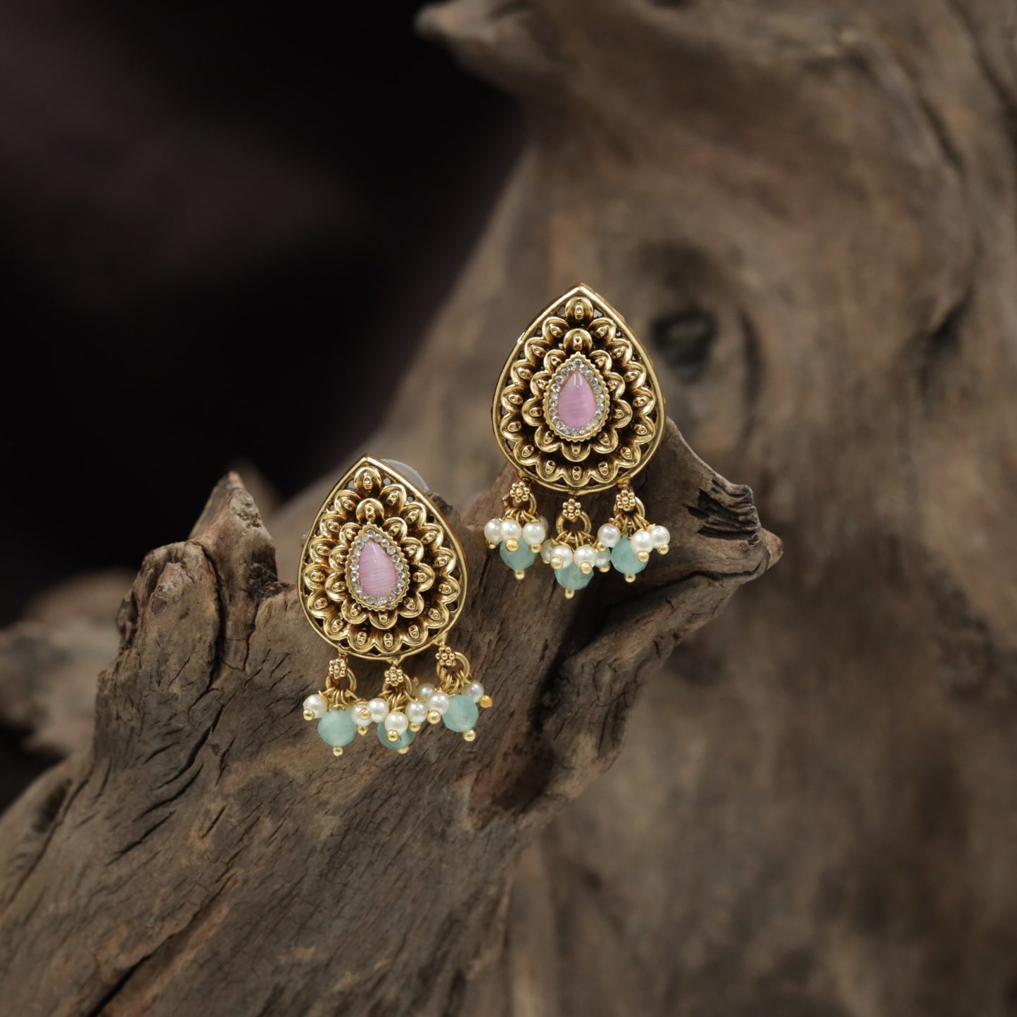Teardrop Antique Stud with Layered Floral Design and Hanging Shell Charms