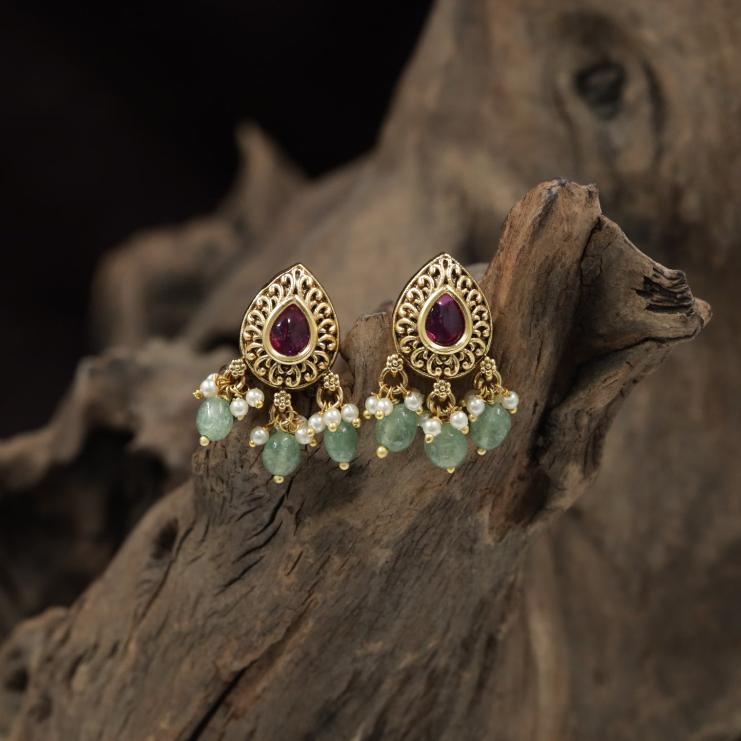 Teardrop Antique Stud with Openwork Border and Pearl Drop Fringe
