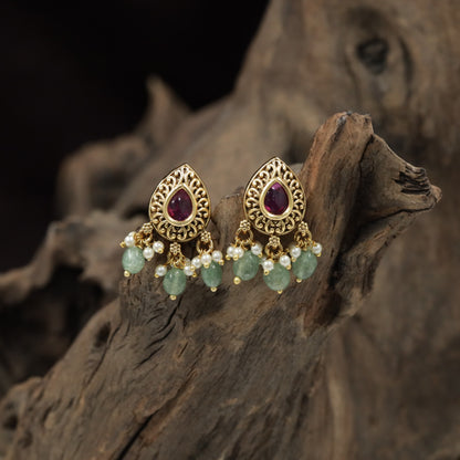 Teardrop Antique Stud with Openwork Border and Pearl Drop Fringe