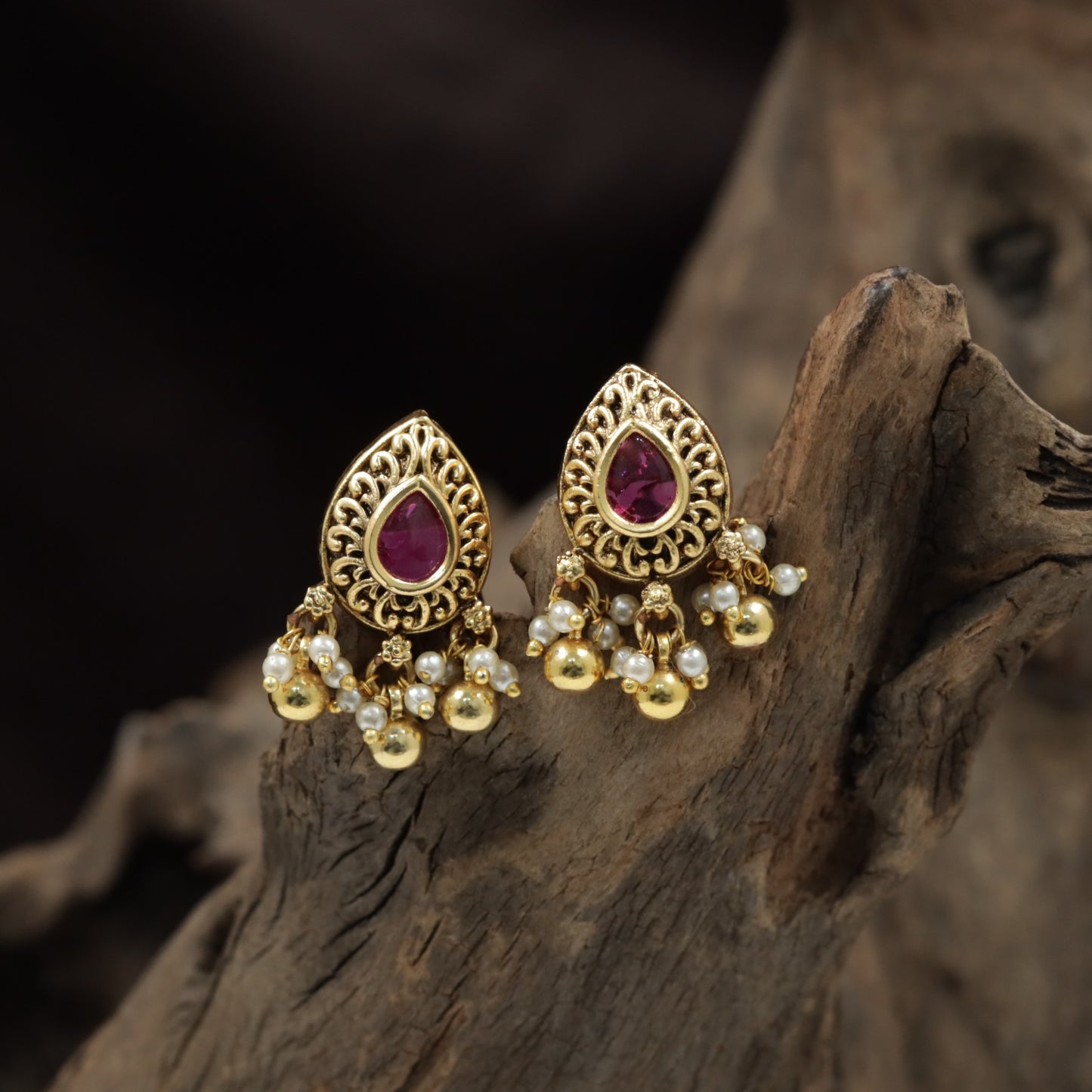 Teardrop Antique Stud with Openwork Border and Pearl Drop Fringe
