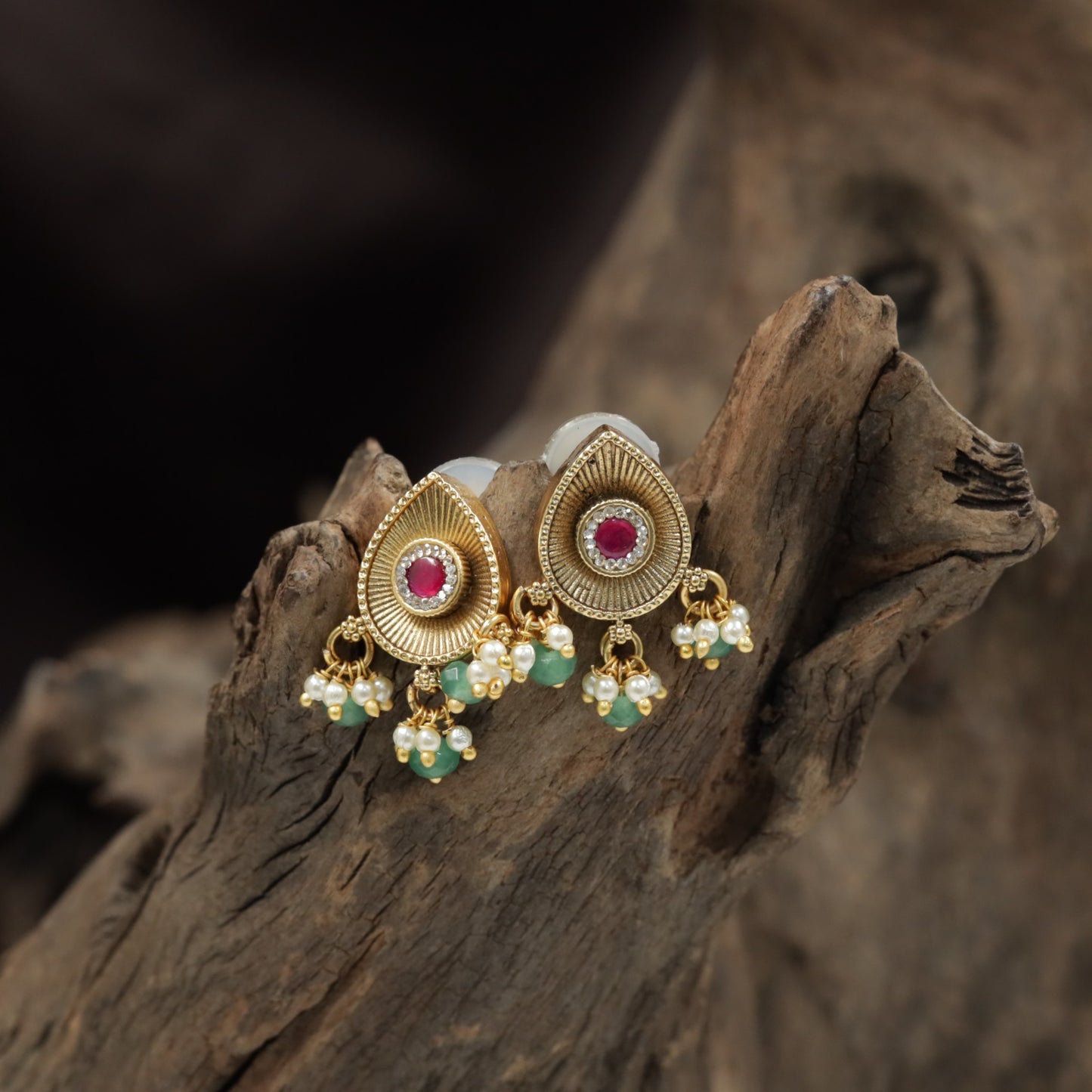Teardrop Halo Antique Stud with Radiating Border and Pearl Cluster Fringe