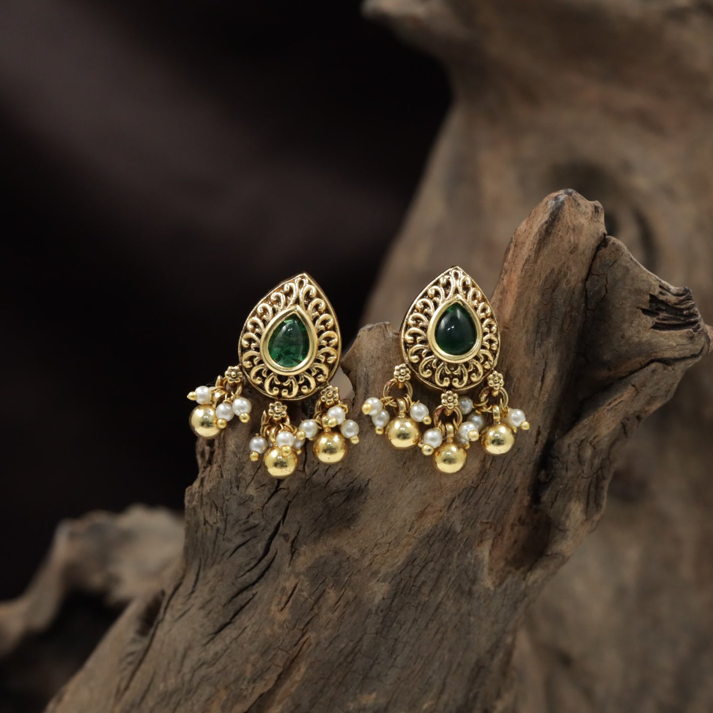 Teardrop Antique Stud with Openwork Border and Pearl Drop Fringe