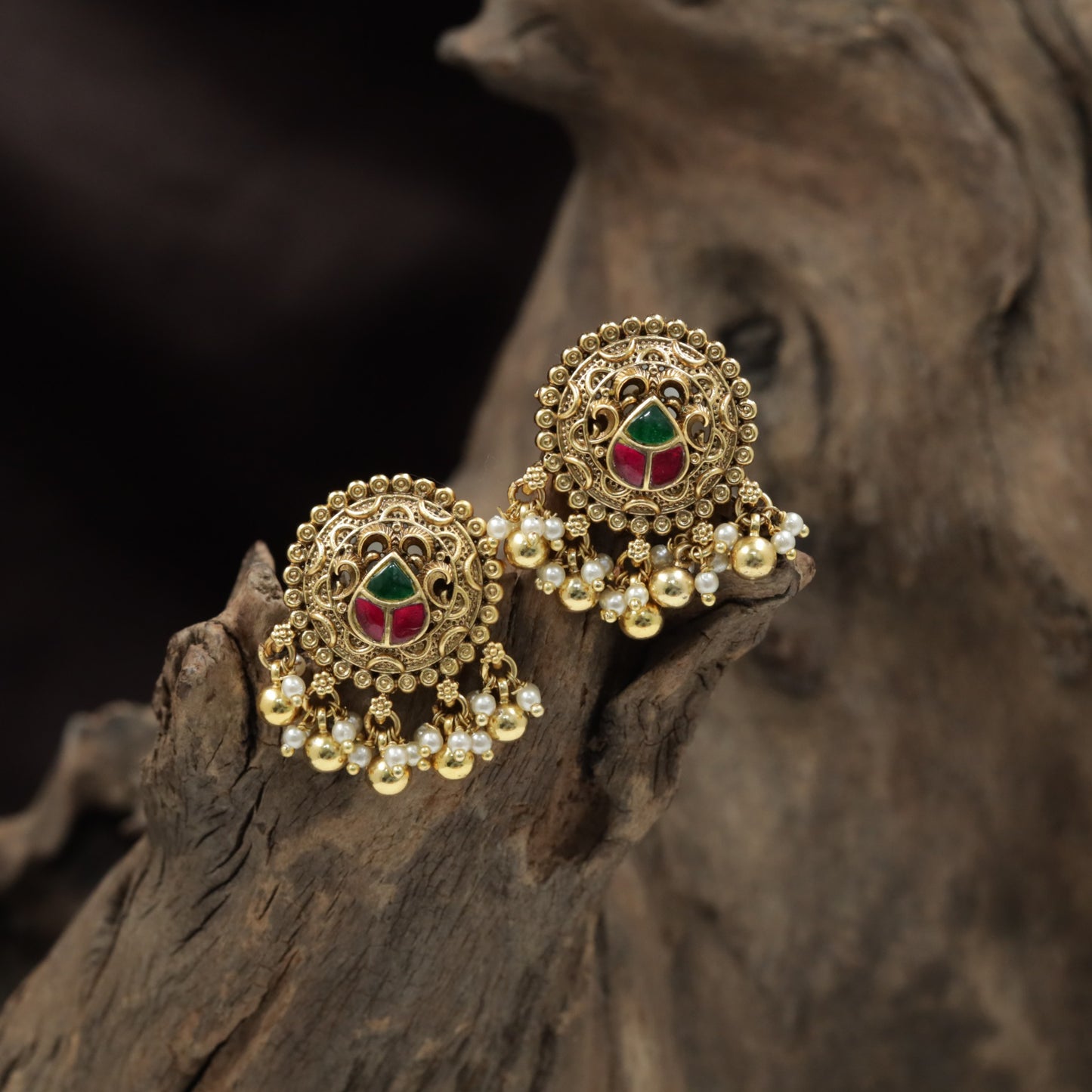 Circular Scrollwork Antique Stud with Ball Drop Fringe