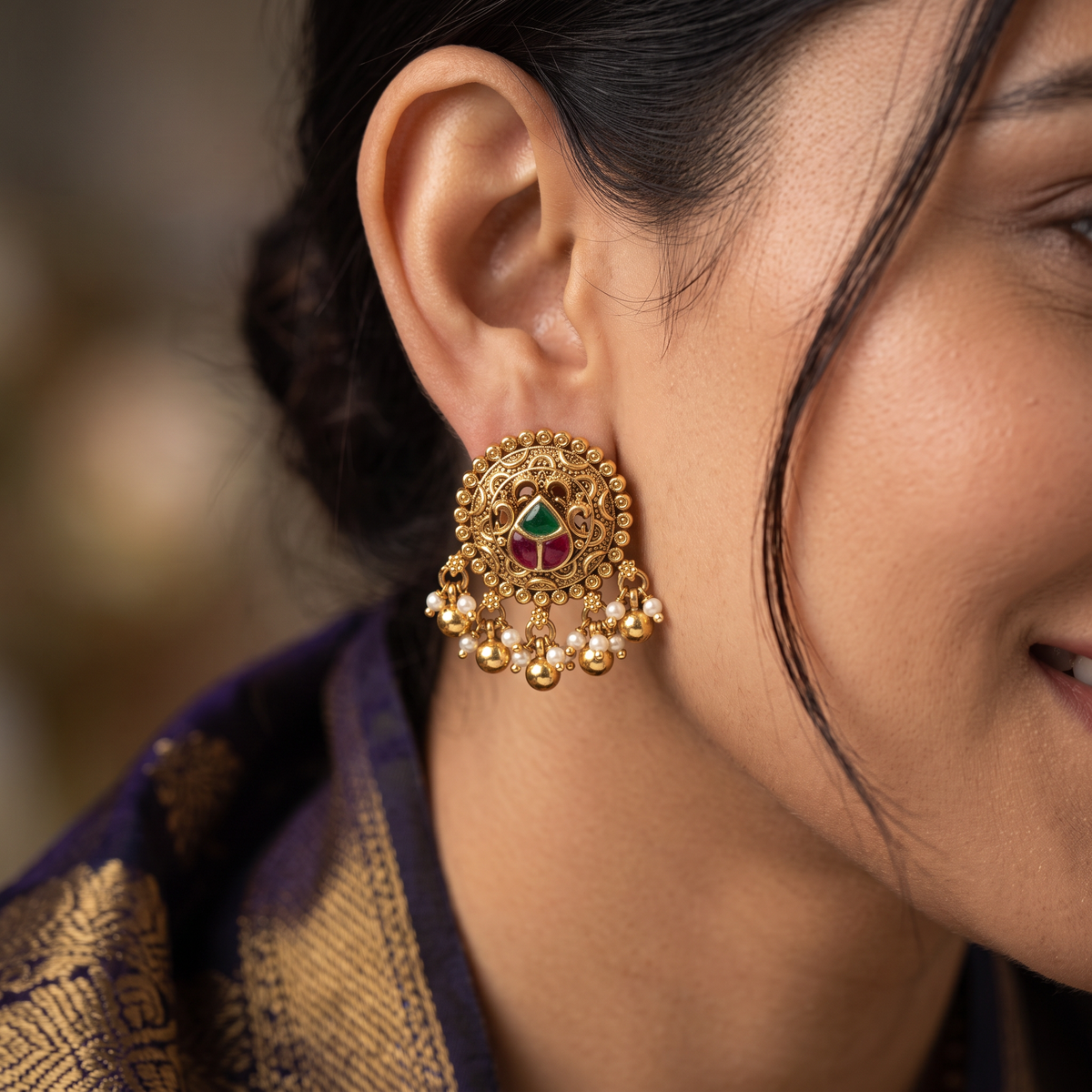 Circular Scrollwork Antique Stud with Ball Drop Fringe