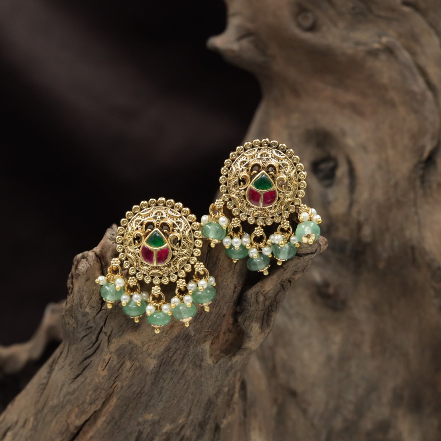 Circular Scrollwork Antique Stud with Ball Drop Fringe