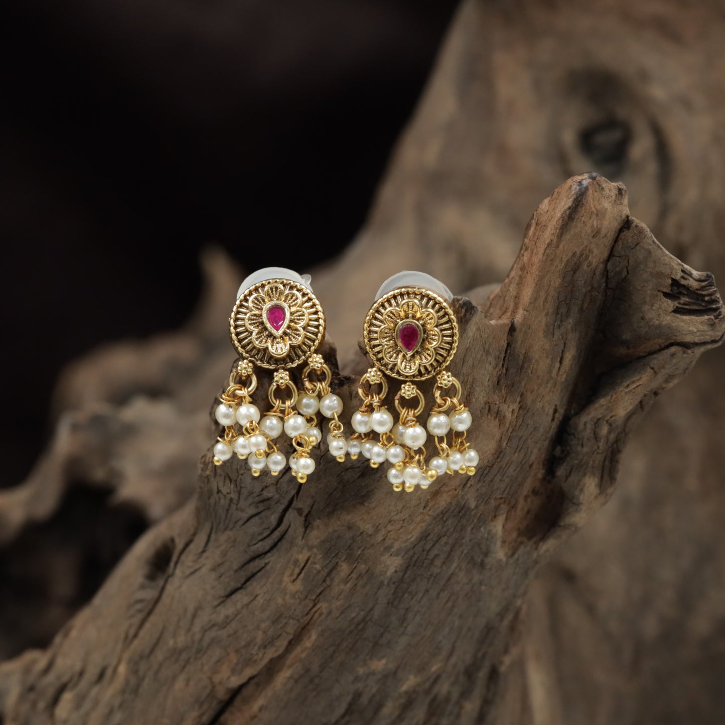 Circular Rosette Antique Stud with Hanging Pearl Drops