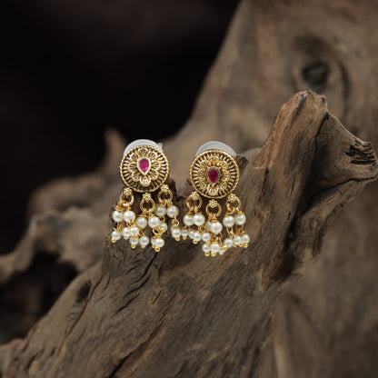 Circular Rosette Antique Stud with Hanging Pearl Drops
