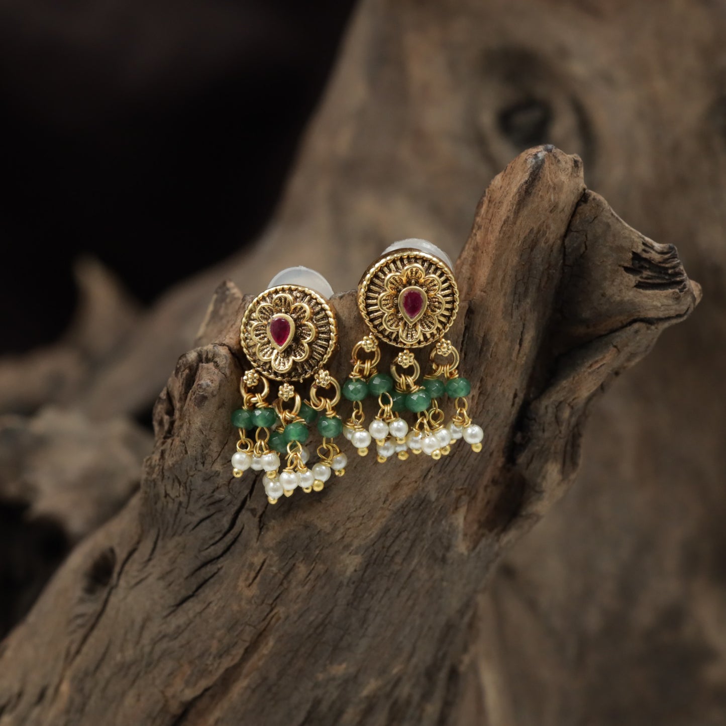 Circular Rosette Antique Stud with Hanging Pearl Drops