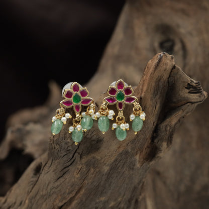 Antique Stud Featuring a Six Petal Floral Pattern and Drop Accents