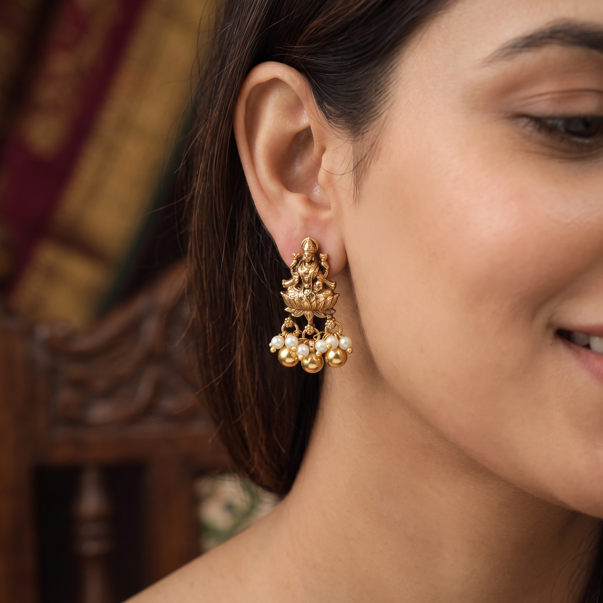 Heritage Lakshmi Antique Stud with Ball Drop Fringe