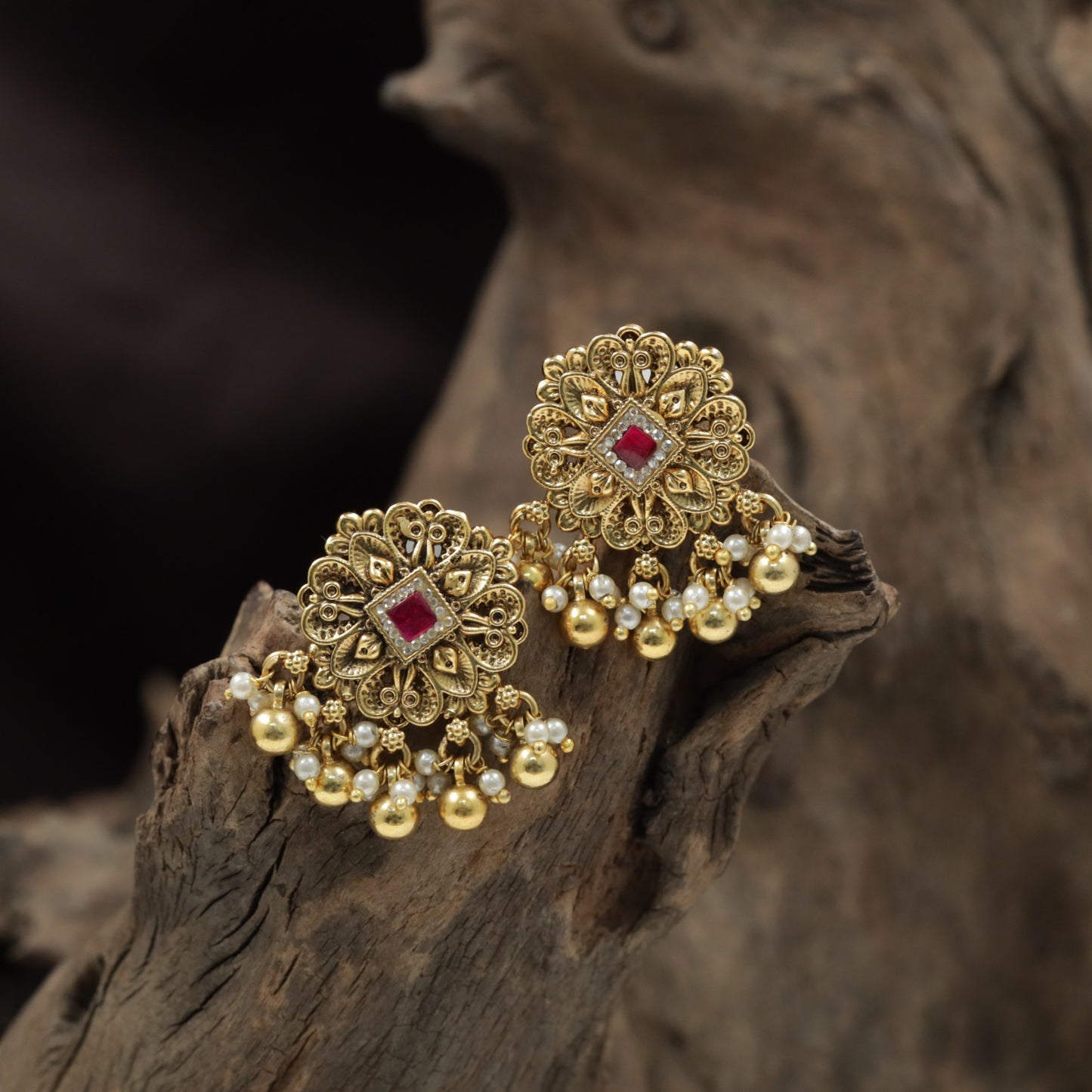 Antique Stud with Decorative Floral Frame and Ball Drop Accents