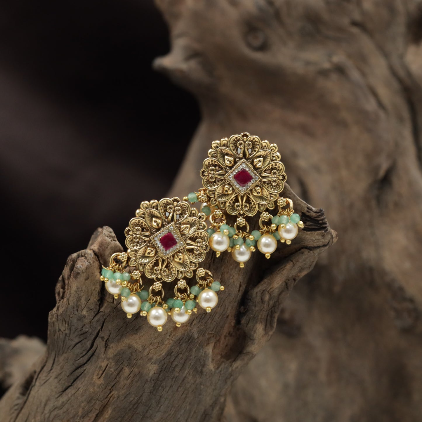 Antique Stud with Decorative Floral Frame and Ball Drop Accents