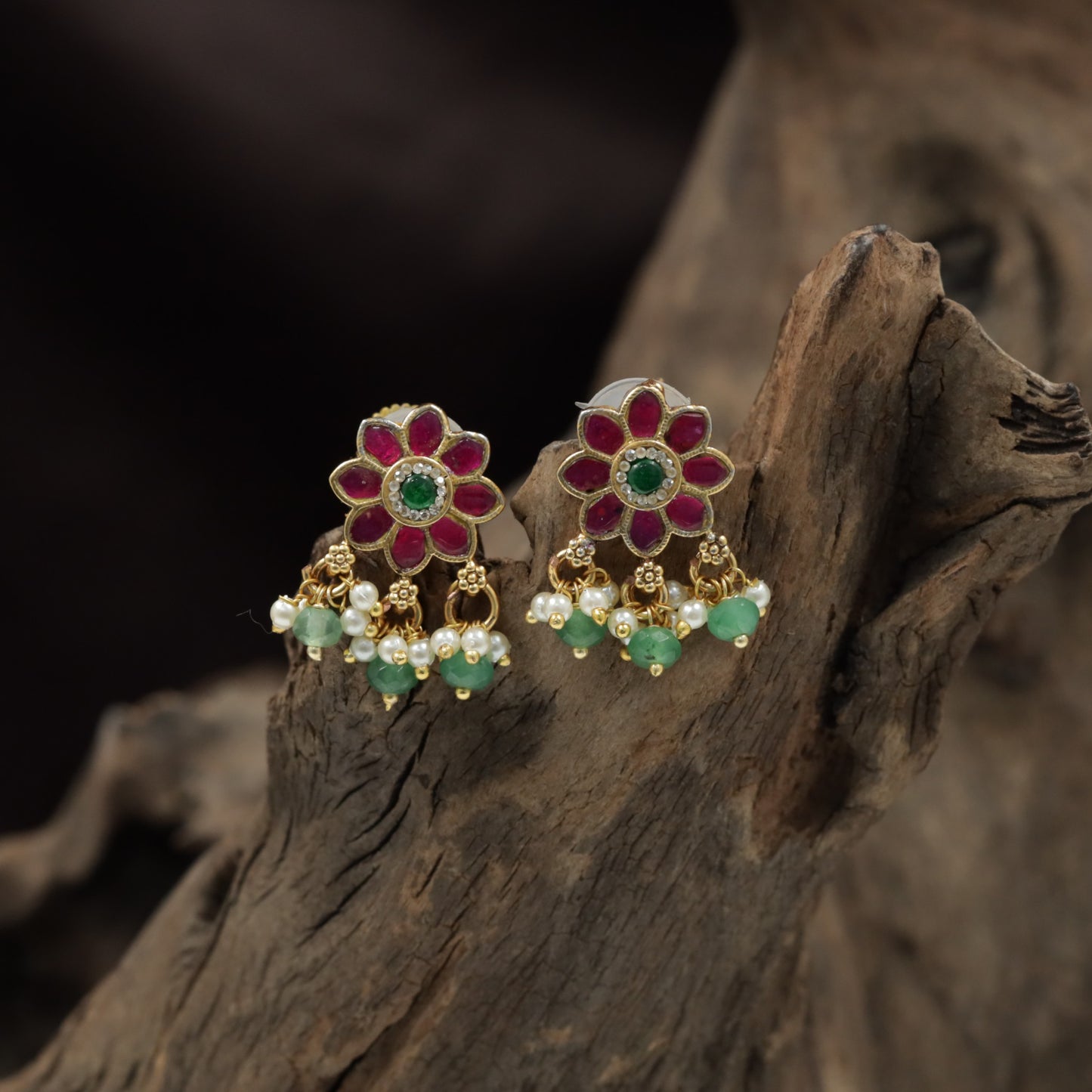 Floral Antique Stud with Eight Petal Bloom and Pearl Drop Fringe