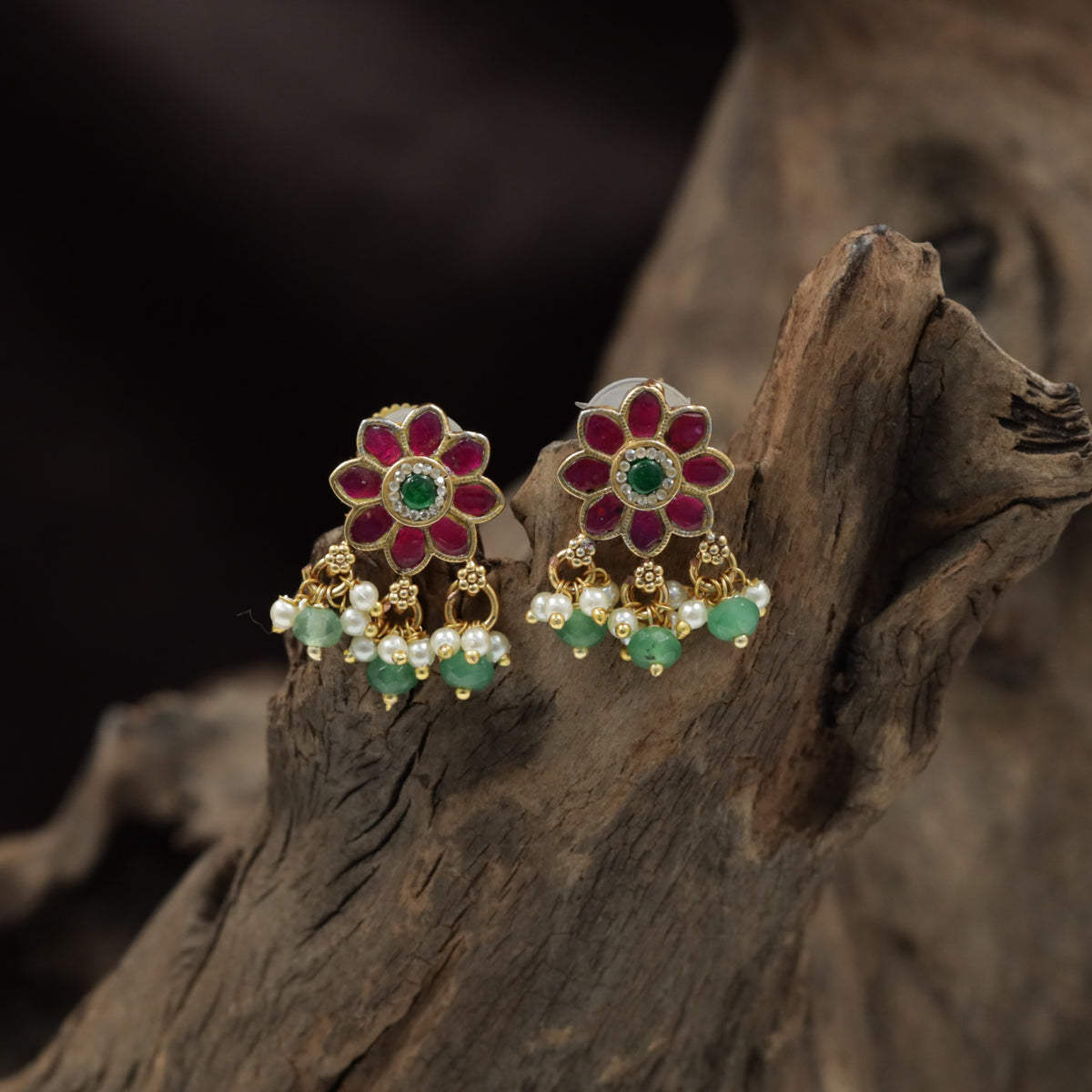 Eight-Petal Floral Antique Stud with Pearl Fringe