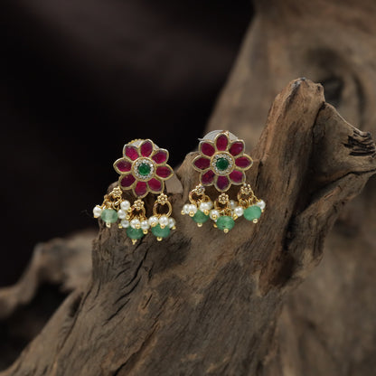 Eight-Petal Floral Antique Stud with Pearl Fringe