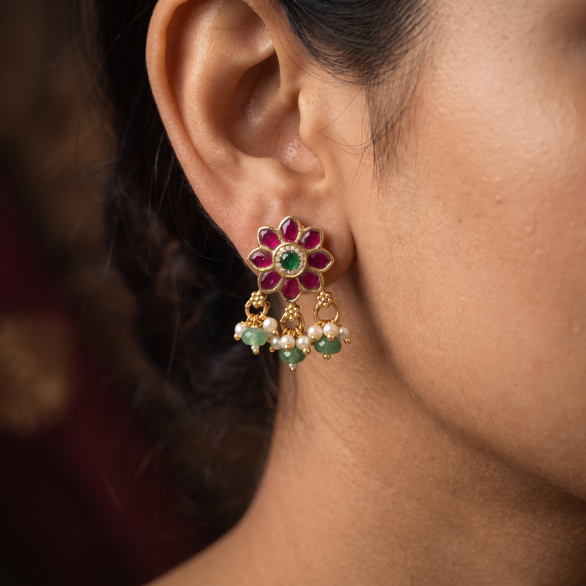 Eight-Petal Floral Antique Stud with Pearl Fringe