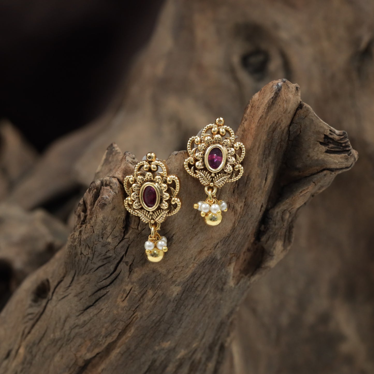 Openwork Antique Stud with Decorative Scrollwork and Pearl Accents