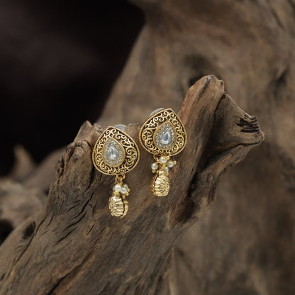 Teardrop Scrollwork Antique Stud with Hanging Shell Charm
