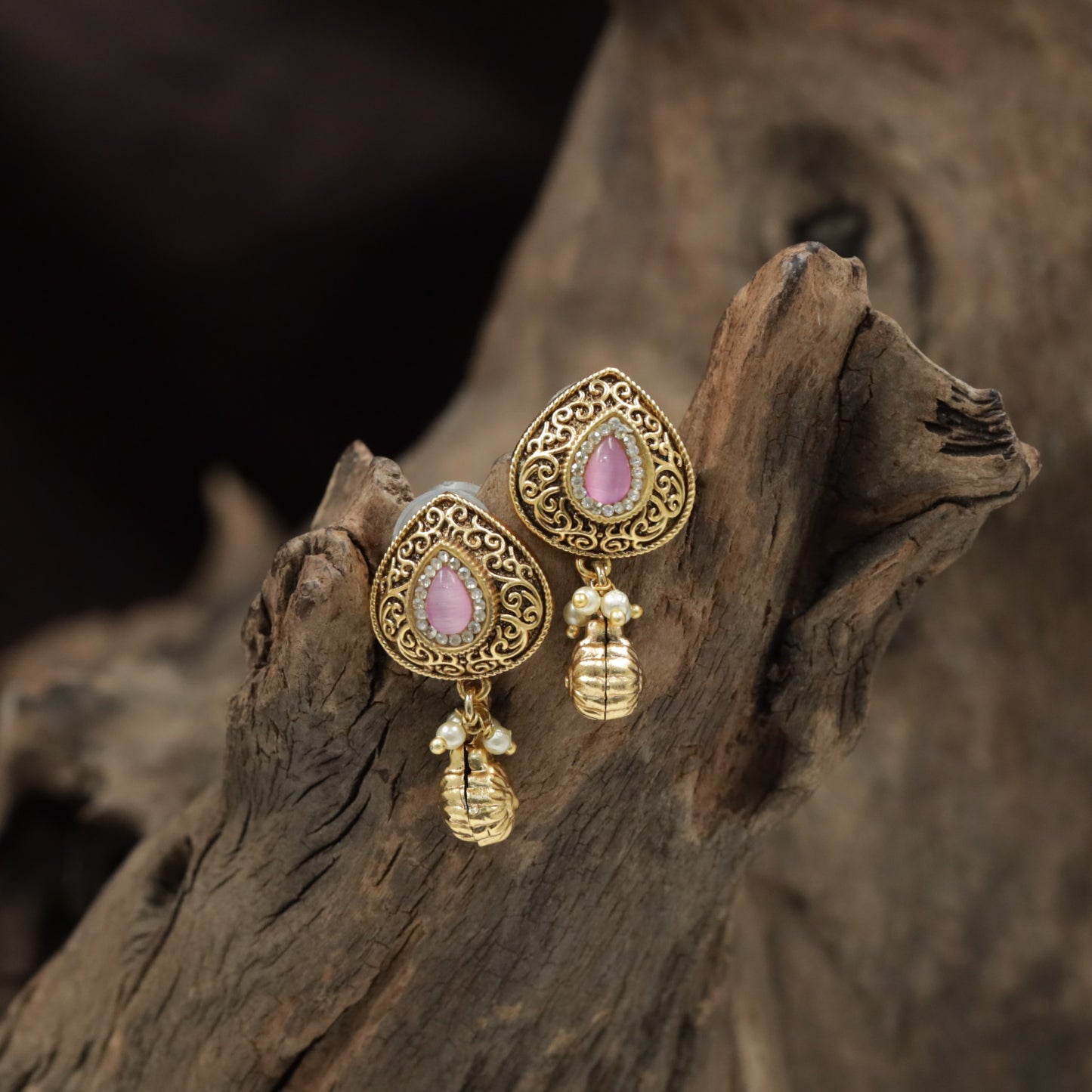 Teardrop Scrollwork Antique Stud with Hanging Shell Charm