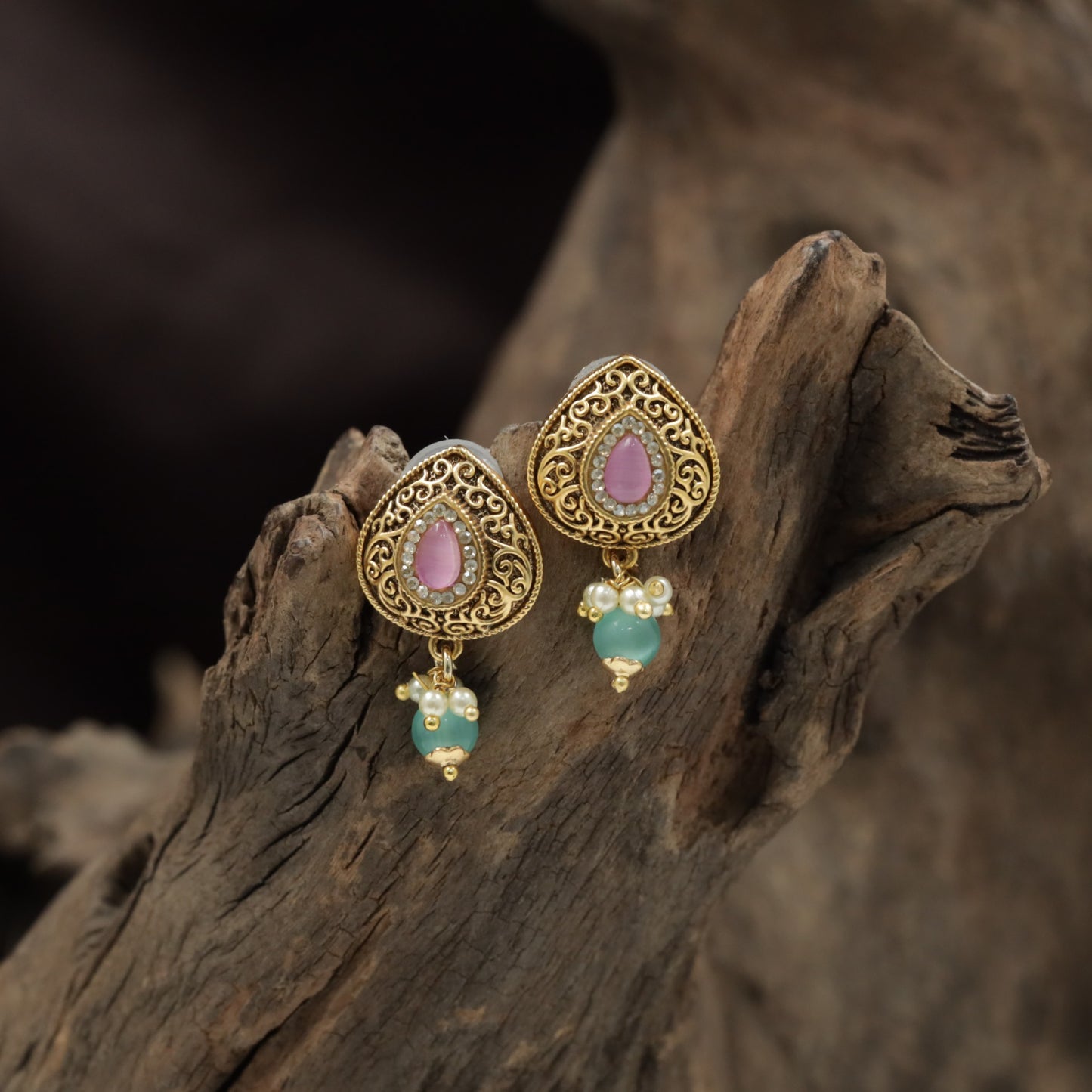 Teardrop Scrollwork Antique Stud with Hanging Shell Charm