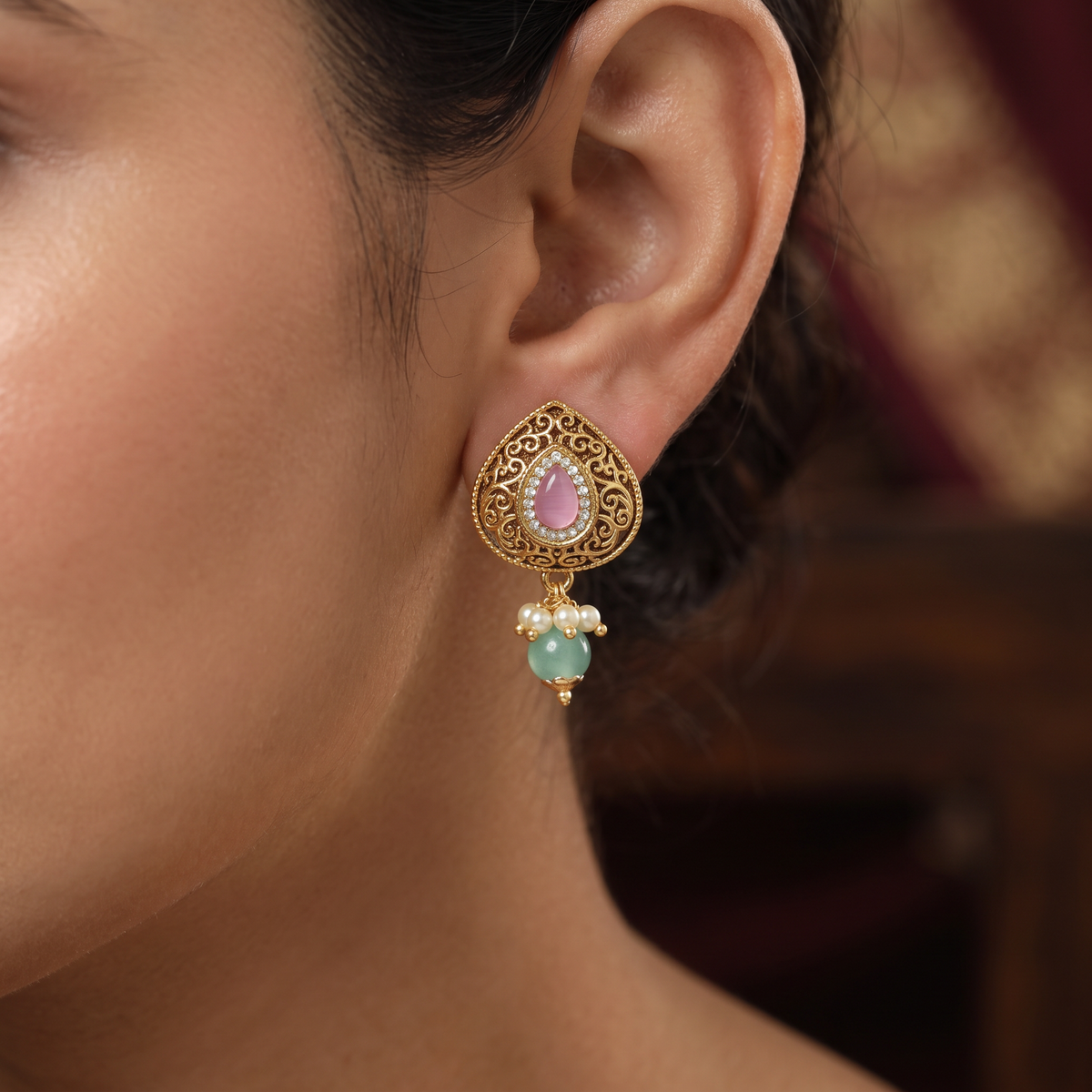 Teardrop Scrollwork Antique Stud with Shell Charm