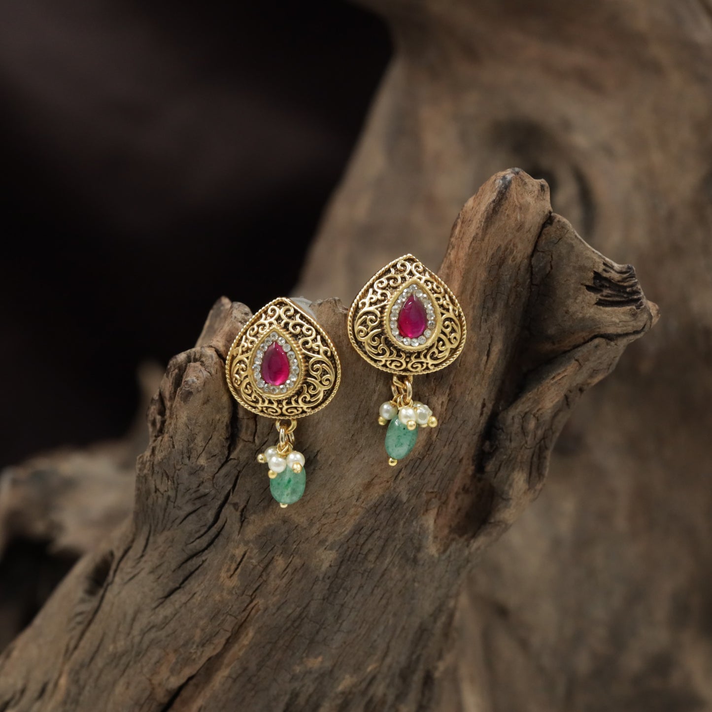 Teardrop Scrollwork Antique Stud with Hanging Shell Charm