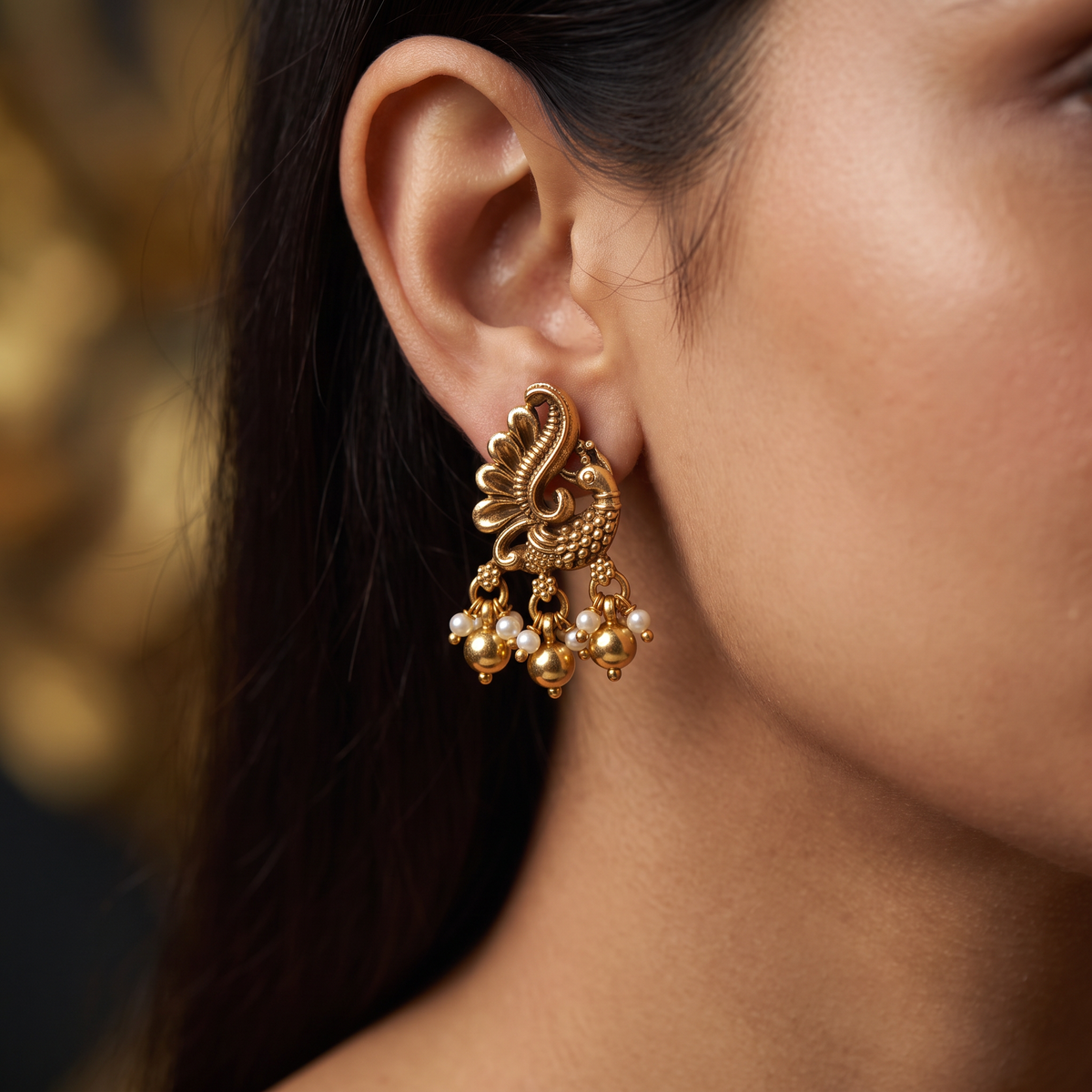 Sculpted Peacock Antique Stud with Pearl Clusters
