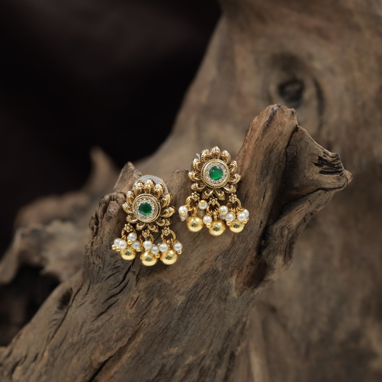 Floral Halo Antique Stud with Pearl Cluster and Ball Drop Fringe