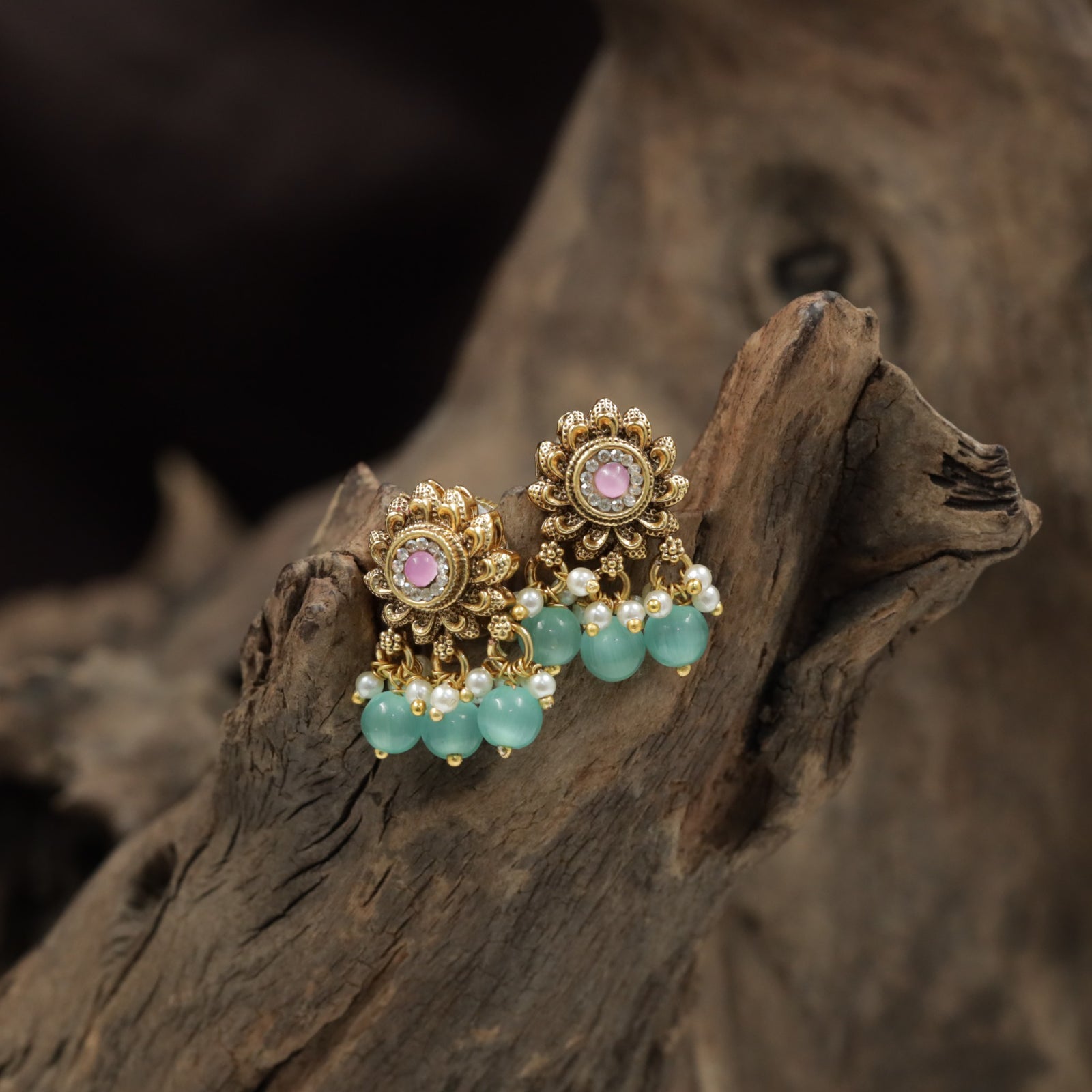 Floral Halo Antique Stud with Pearl Cluster and Ball Drop Fringe