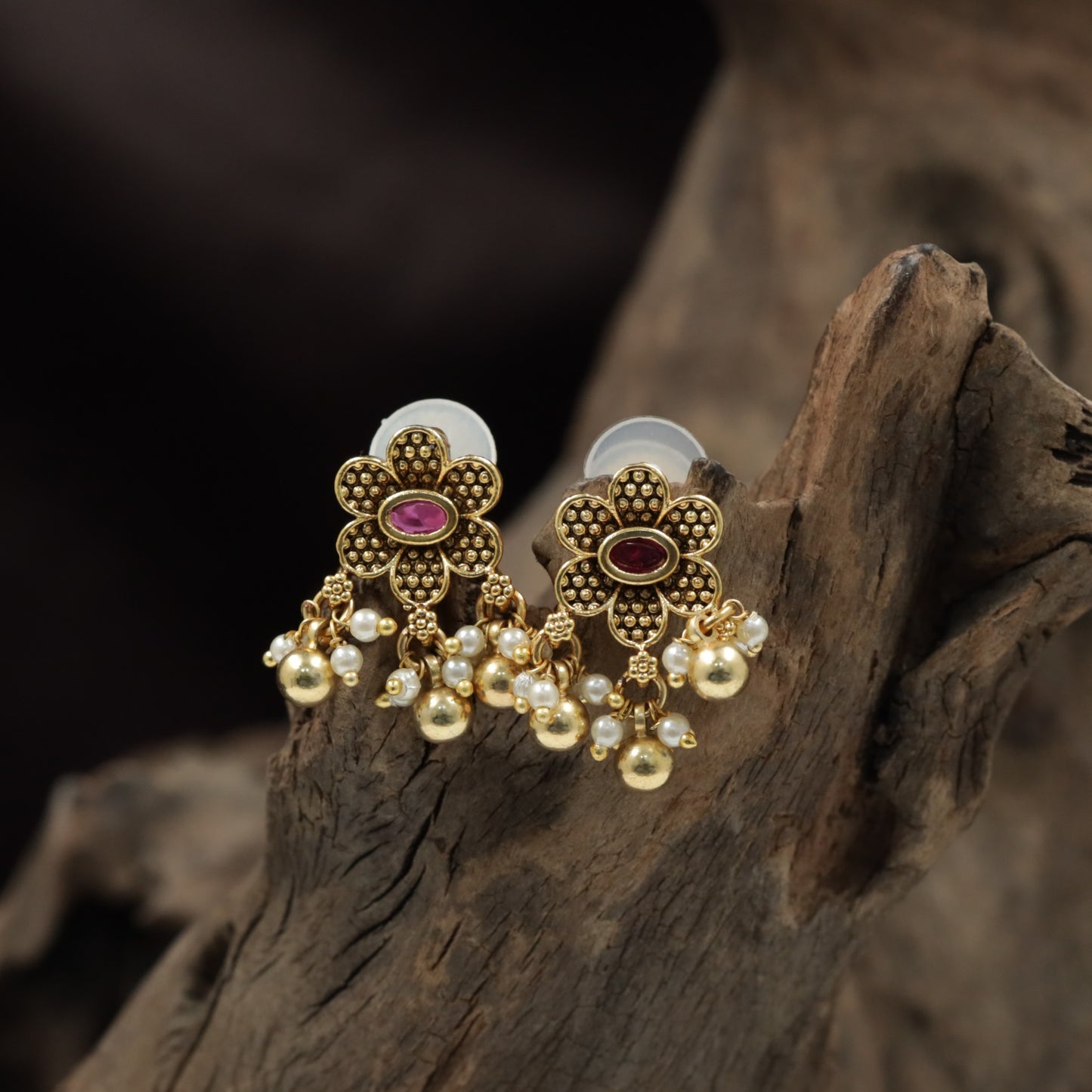 Five Petal Floral Antique Stud with Hanging Bead Accents