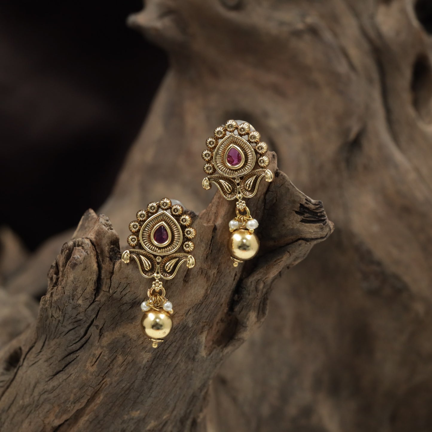 Teardrop Antique Stud with Rosette Border and Pearl Accents