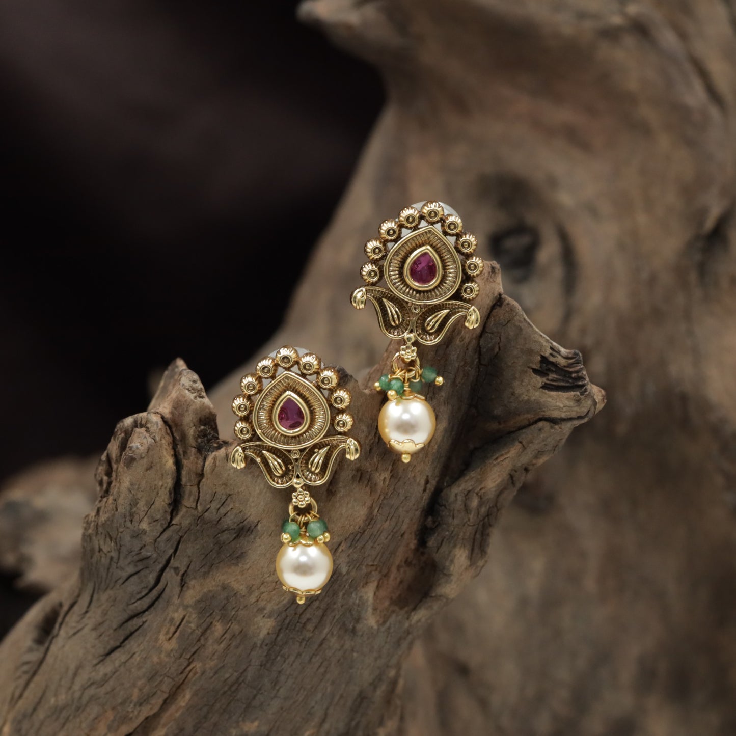 Teardrop Antique Stud with Rosette Border and Pearl Accents