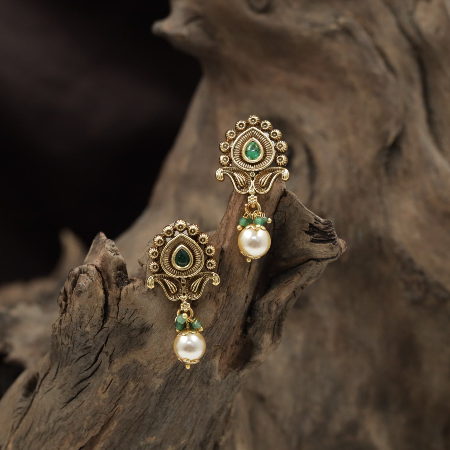 Teardrop Antique Stud with Rosette Border and Pearl Accents