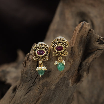 Antique Stud with Decorative Crest and Bead Drop Accent