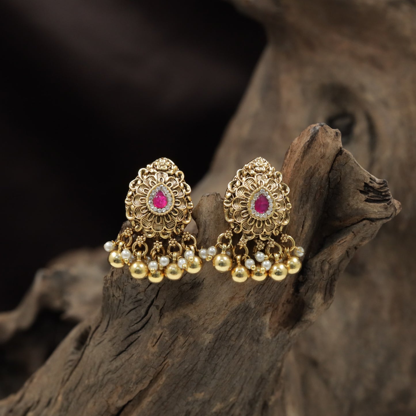 Elegant Floral Antique Stud with Sculpted Petal Design and Bead Drops