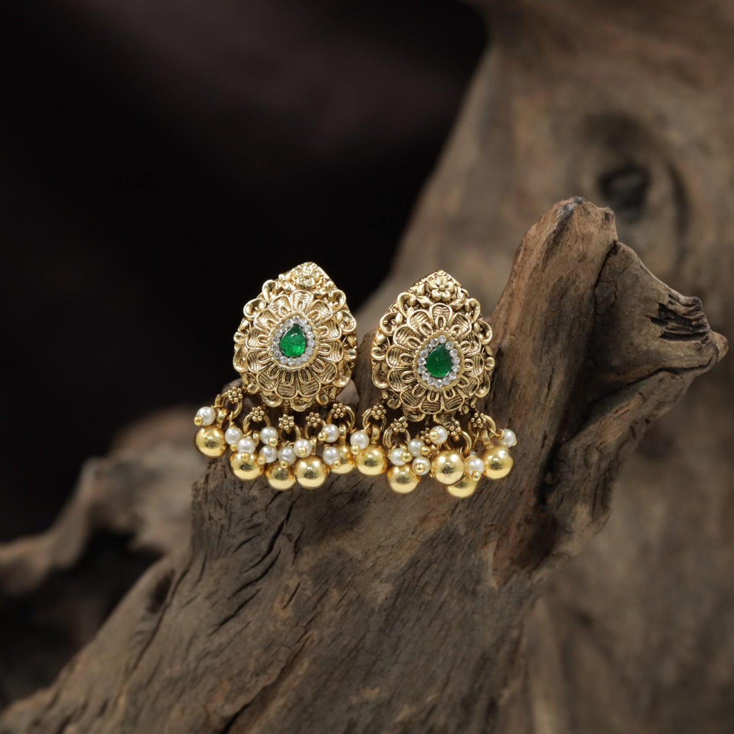 Elegant Floral Antique Stud with Sculpted Petal Design and Bead Drops