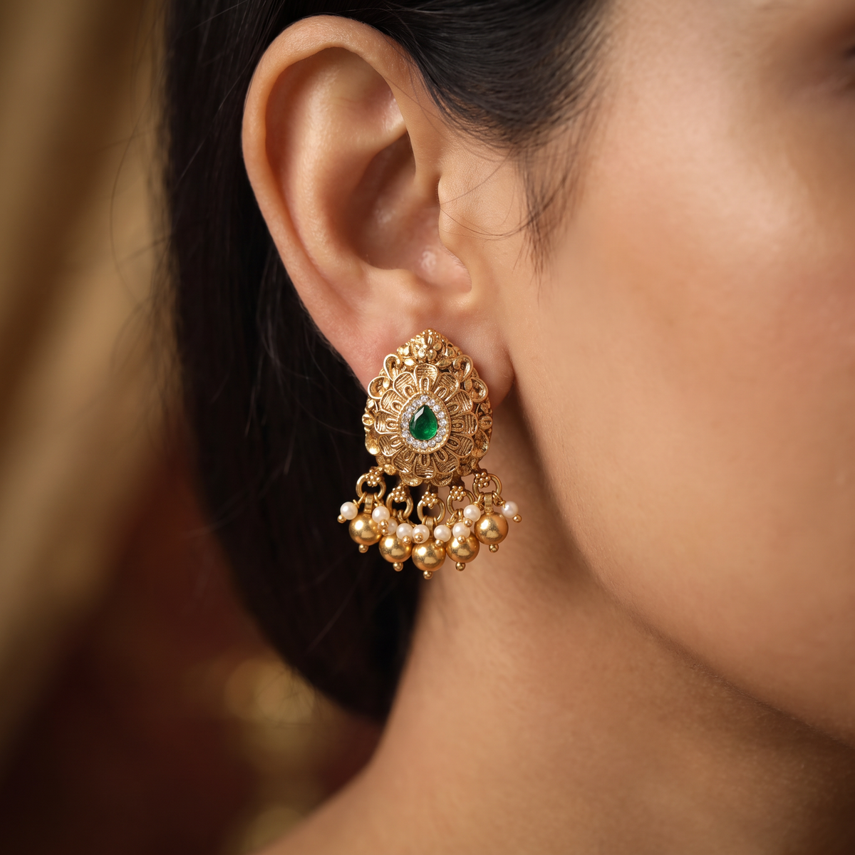 Floral Antique Stud with Sculpted Petals and Drops