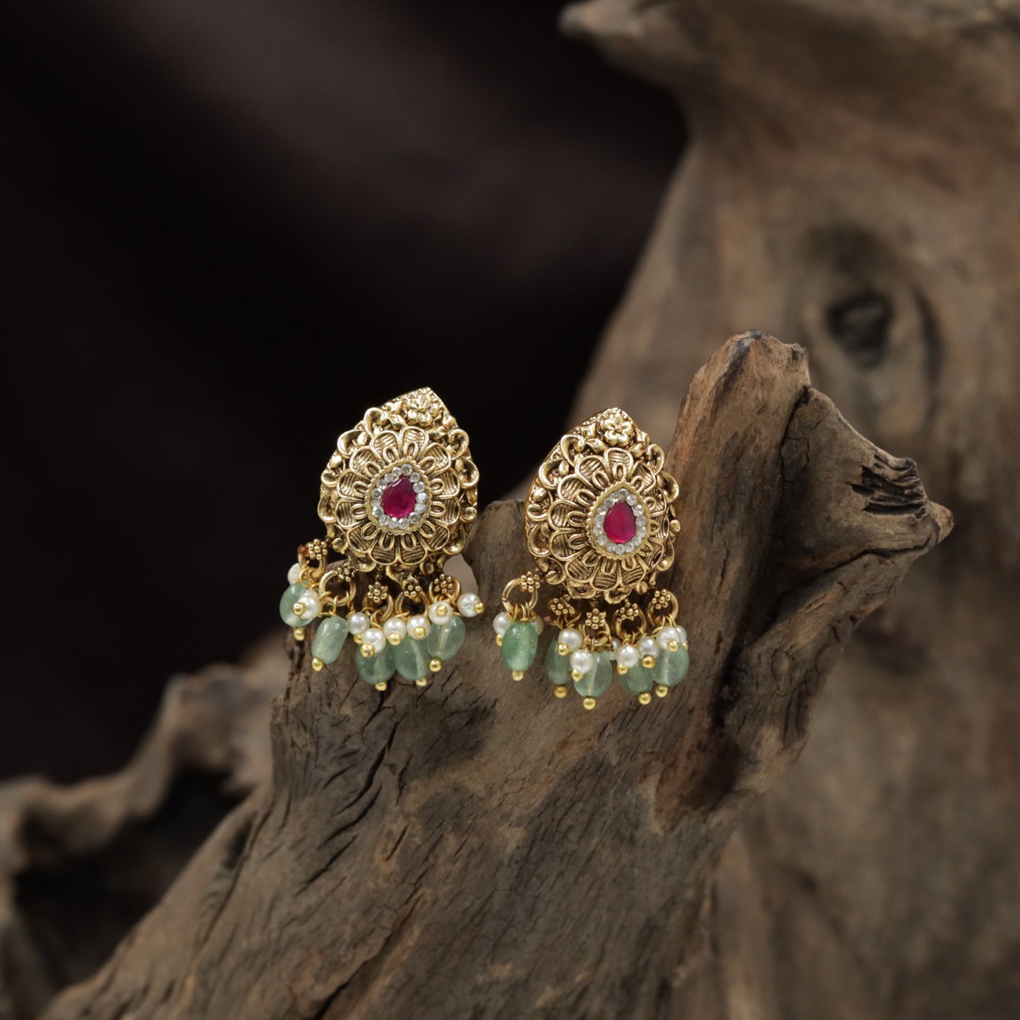 Elegant Floral Antique Stud with Sculpted Petal Design and Bead Drops