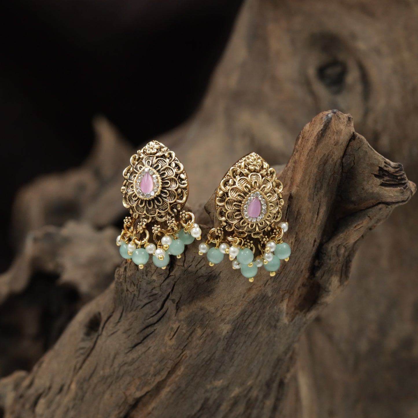 Elegant Floral Antique Stud with Sculpted Petal Design and Bead Drops