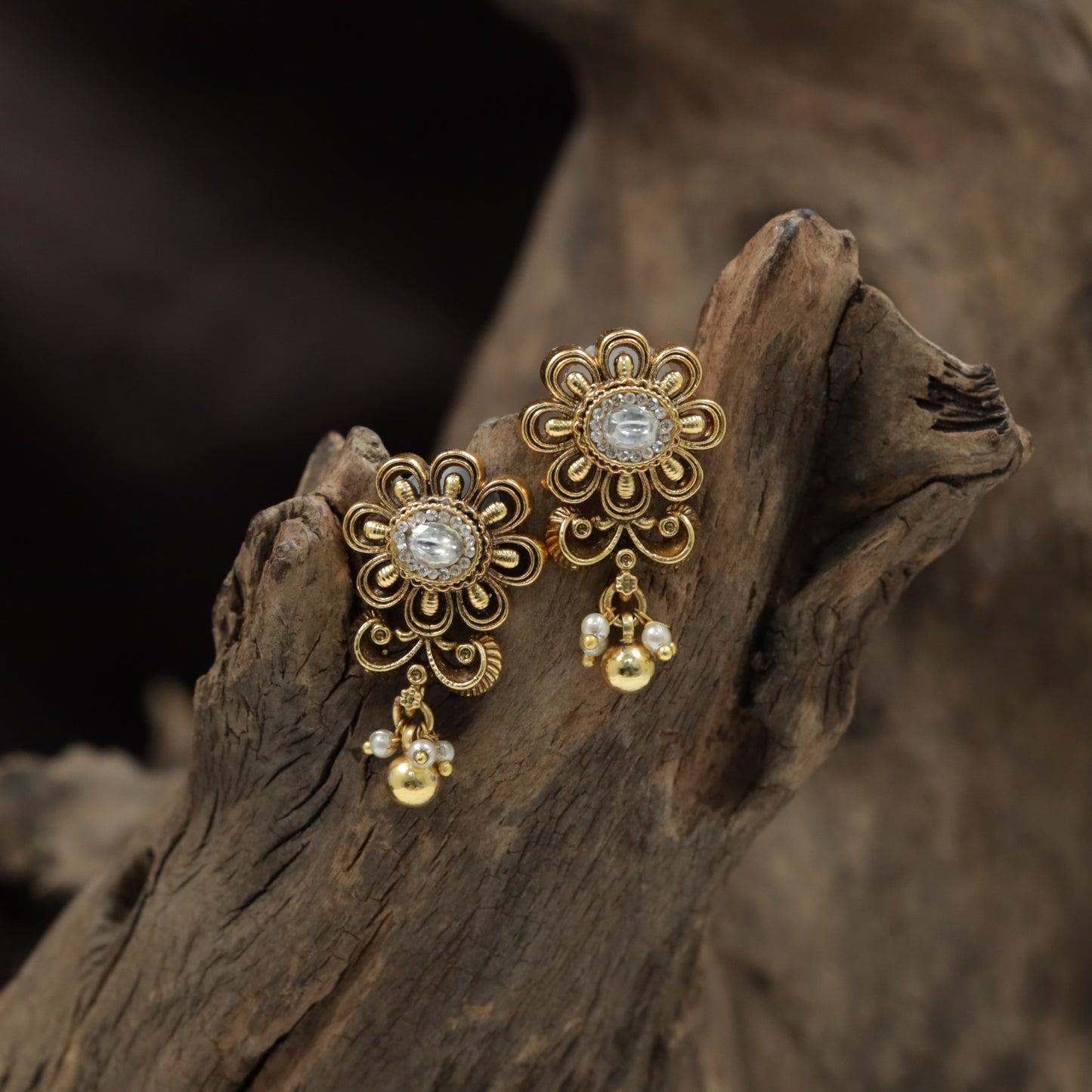 Floral Antique Stud with Decorative Scroll Base and Pearl Accent