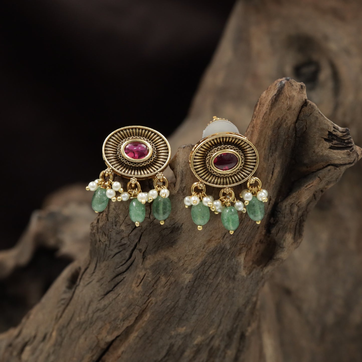 Oval Halo Antique Stud with Radiating Border and Pearl Drops